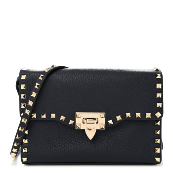 VALENTINO GARAVANI Pebbled Calfskin Medium Rockstud Flip Lock Crossbody Bag Navy