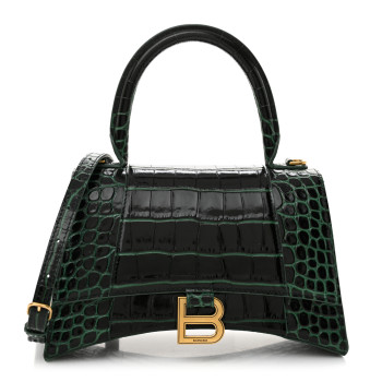 BALENCIAGA Shiny Calfskin Crocodile Embossed Small Hourglass Top Handle Bag Dark Green