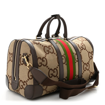 GUCCI Monogram Jumbo GG Textured Dollar Calfskin Web Medium Duffle Bag Camel Ebony GUCCI Monogram Jumbo GG Textured Dollar Calfskin Web Medium Duffle Bag Camel Ebony