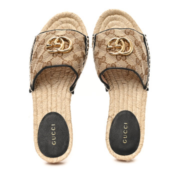 GUCCI Monogram Matelasse GG Marmont Espadrille 20mm Slide Sandals 35 Beige Ebony Black
