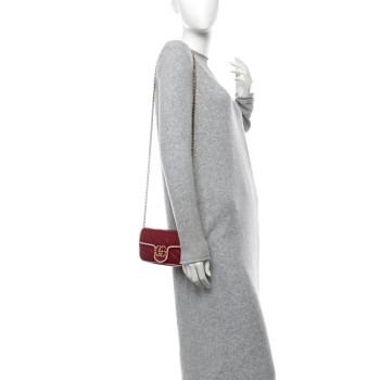 GUCCI Azalea Calfskin Enamel Matelasse Diagonal Super Mini Torchon GG Marmont Shoulder Bag New Cherry Red Wild Rose