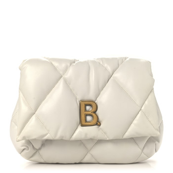 BALENCIAGA Nappa Calfskin Quilted Touch B Puffy Clutch White