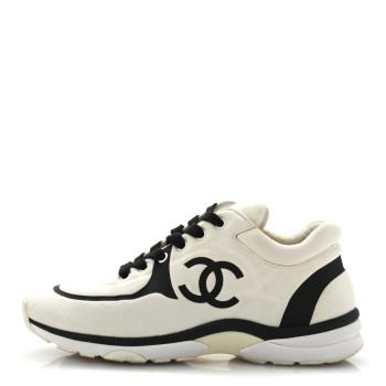 CHANEL Nylon Suede Calfskin Womens CC Sneakers 39.5 White Black