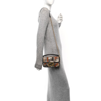 FENDI Canvas Vitello King Seta FF Embroidered Mini Baguette Tartufo Ebano Multicolor