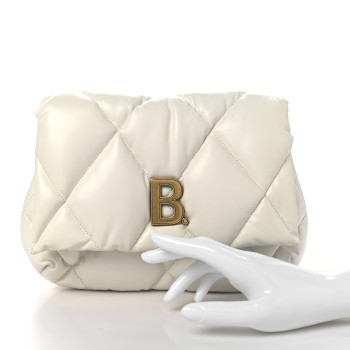 BALENCIAGA Nappa Calfskin Quilted Touch B Puffy Clutch White