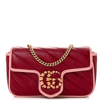 GUCCI Azalea Calfskin Enamel Matelasse Diagonal Super Mini Torchon GG Marmont Shoulder Bag New Cherry Red Wild Rose
