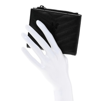 SAINT LAURENT Grain De Poudre Matelasse Chevron Monogram Zipped Card Case Black