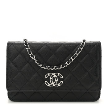 CHANEL Caviar Quilted Chanel 19 Wallet On Chain WOC Black White