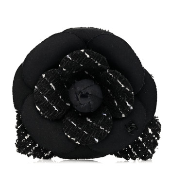 CHANEL Tweed Camellia Pin Brooch Black