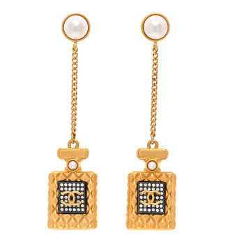 CHANEL Crystal Pearl CC Perfume Bottle Chain Drop Earrings Gold