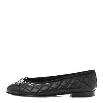 CHANEL Aged Calfskin Quilted CC Cap Toe Ballerina Flats 38.5 Black