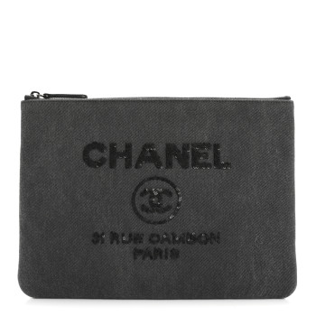 CHANEL Canvas Sequins Medium Deauville Cosmetic Pouch Grey