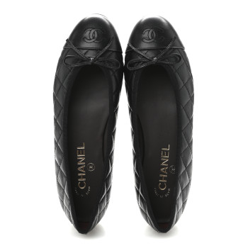CHANEL Aged Calfskin Quilted CC Cap Toe Ballerina Flats 38.5 Black