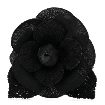 CHANEL Tweed Fabric Camellia Pin Brooch Black