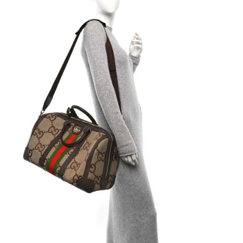 GUCCI Monogram Jumbo GG Textured Dollar Calfskin Web Medium Duffle Bag Camel Ebony