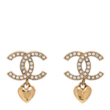 CHANEL Metal Crystal CC Heart Drop Earrings Gold