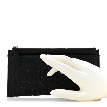 CHANEL Lambskin Camellia Embossed Classic Zip Pouch Black