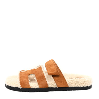 HERMES Suede Goatskin Woolskin Womens Chypre Sandals 40.5 Naturel Ecru