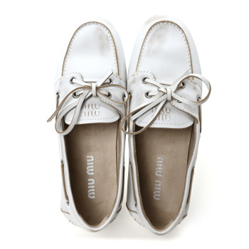 MIU MIU Vitello Deco Boat Loafers 39.5 White