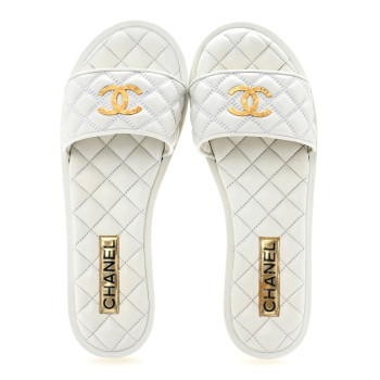 CHANEL Lambskin Quilted Textured CC Mules Sandals 40.5 White