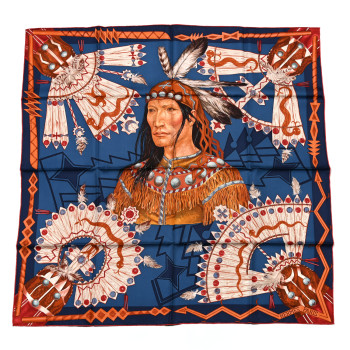 HERMES Silk Cosmogonie Apache Scarf 90 Blue Red Multicolor
