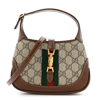GUCCI GG Supreme Monogram Azalea Calfskin Web Mini Jackie 1961 Hobo Beige Ebony Brown Sugar