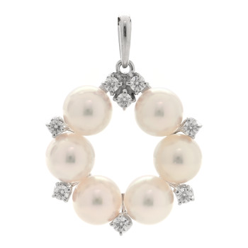MIKIMOTO 18K White Gold Diamond Akoya Cultured Pearl 5-5.5mm Wreath Pendant