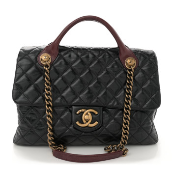 CHANEL Glazed Calfskin Castle Rock Large Flap Black Burgundy