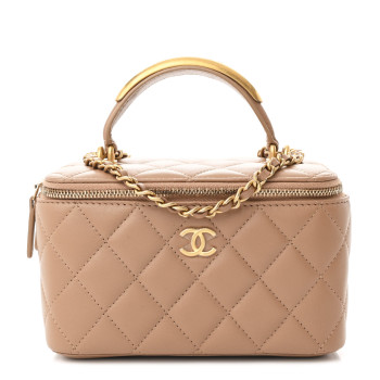 CHANEL Lambskin Quilted Metal Small Top Handle Vanity Case With Chain Beige CHANEL Lambskin Quilted Metal Small Top Handle Vanity Case With Chain Beige