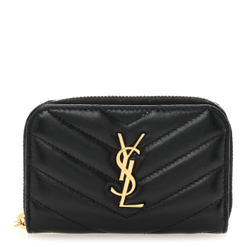 SAINT LAURENT Lambskin Matelasse Chevron Monogram Cassandre Compact Zip Around Card Wallet Black