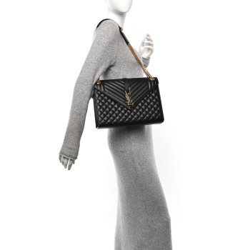 SAINT LAURENT Grain De Poudre Textured Mixed Matelasse Large Triquilt Monogram Satchel Black
