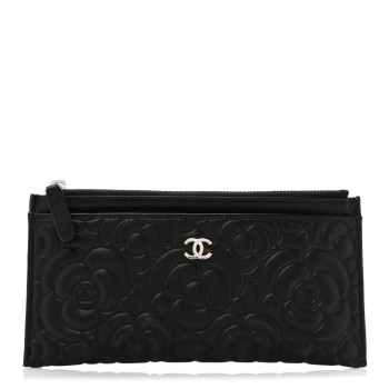 CHANEL Lambskin Camellia Embossed Classic Zip Pouch Black