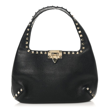 VALENTINO GARAVANI Grained Calfskin Small Rockstud Hobo Black