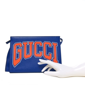 GUCCI New Shanghai Calfskin Interlocking G Logo Wristlet Clutch Cobalt Blue Orange