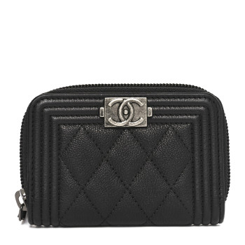 CHANEL Grained Calfskin Quilted Boy Zip Around Coin Purse Wallet Black