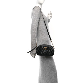 GUCCI Calfskin Matelasse Mini GG Marmont Chain Shoulder Bag Black