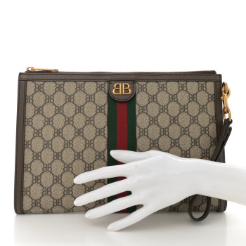 GUCCI X BALENCIAGA BB Supreme Monogram Web Ophidia Wristlet Beige New Acero