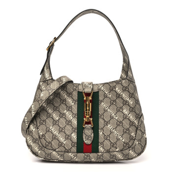 GUCCI X BALENCIAGA GG Supreme Monogram Striped Logo Print Web Small Jackie 1961 Hobo Beige Ebony Mystic White