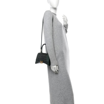 BALENCIAGA Shiny Calfskin Crocodile Embossed Small Hourglass Top Handle Bag Dark Green