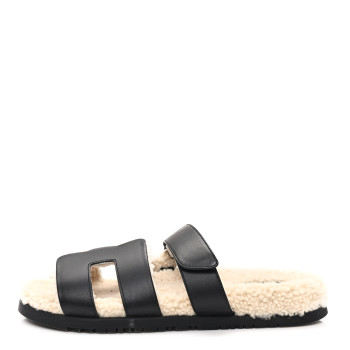 HERMES Calfskin Woolskin Chypre Sandals 40.5 Black Ecru