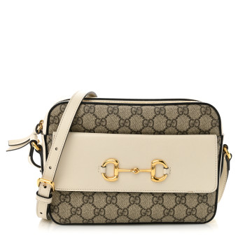 GUCCI GG Supreme Monogram Small Horsebit 1955 Shoulder Bag Beige Mystic White