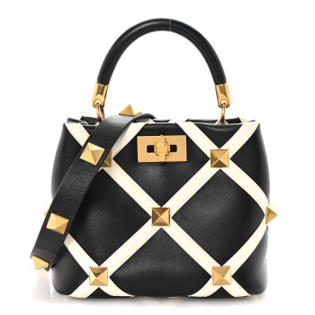 VALENTINO GARAVANI Nappa Small Roman Stud The Handle Bag Black Ivory