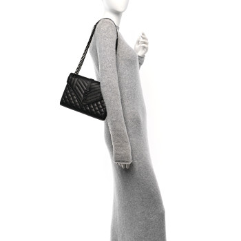 SAINT LAURENT Grain De Poudre Textured Mixed Matelasse Triquilt Medium Monogram Monochrome Satchel Black