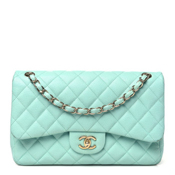 CHANEL Caviar Quilted Jumbo Double Flap Light Green