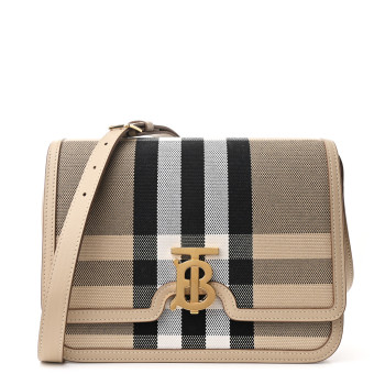 BURBERRY Smooth Calfskin Canvas Check Medium TB Bag Dusty Sand Soft Fawn