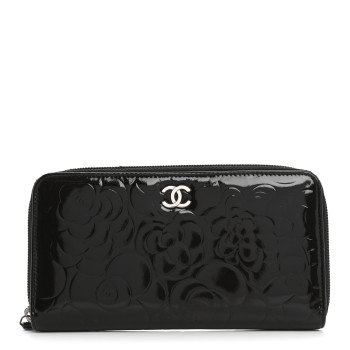 CHANEL Patent Camellia Embossed Large Zip Around Gusset Wallet Black