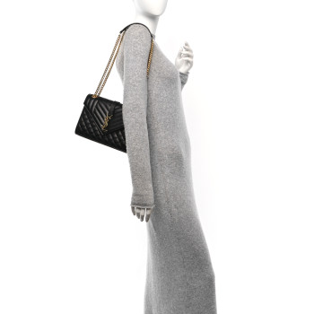 SAINT LAURENT Grain De Poudre Textured Mixed Matelasse Triquilt Medium Monogram Satchel Black