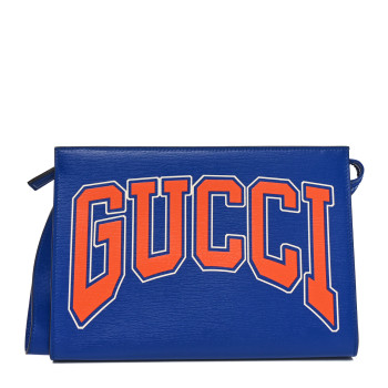 GUCCI New Shanghai Calfskin Interlocking G Logo Wristlet Clutch Cobalt Blue Orange
