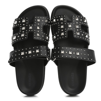 HERMES Calfskin Medor Studded Womens Chypre Sandals 39.5 Black