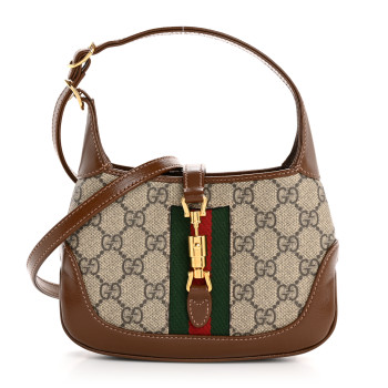 GUCCI GG Supreme Monogram Azalea Calfskin Web Mini Jackie 1961 Hobo Beige Ebony Brown Sugar